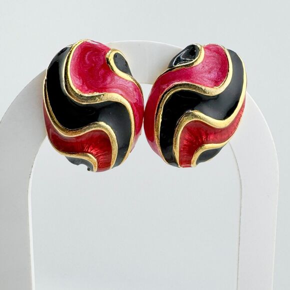 Vintage Red Black Enamel Clip-On Earrings – Retro 80s Gold Swirl Statement - Picture 1 of 9